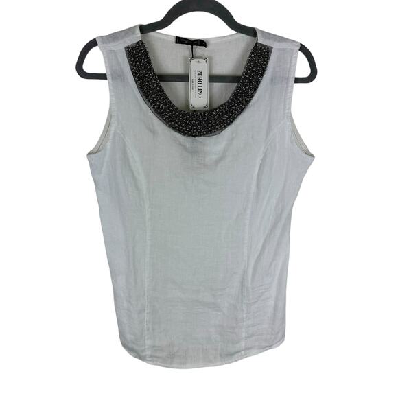 Lungo L'Arno NWT White Beaded 100% Linen Tank Blouse Made In Italy Size L - Picture 1 of 8
